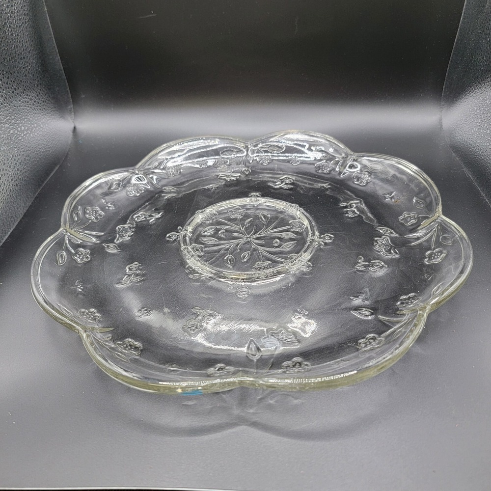 Anchor Hocking Savannah Rose Platter 12' Clear Glass Embossed w/ Roses and Vines